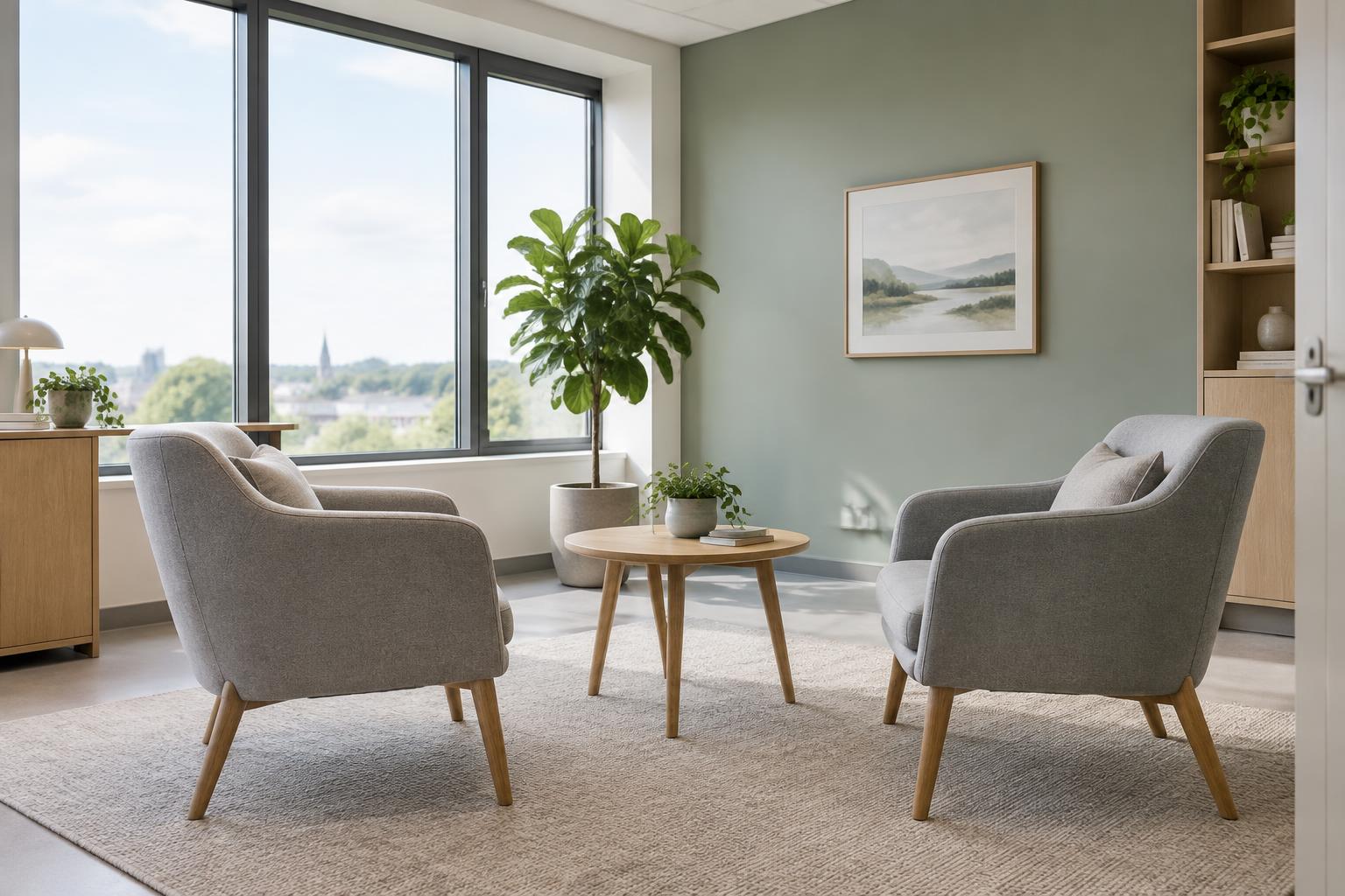 A bright clinical consultation room with two chairs